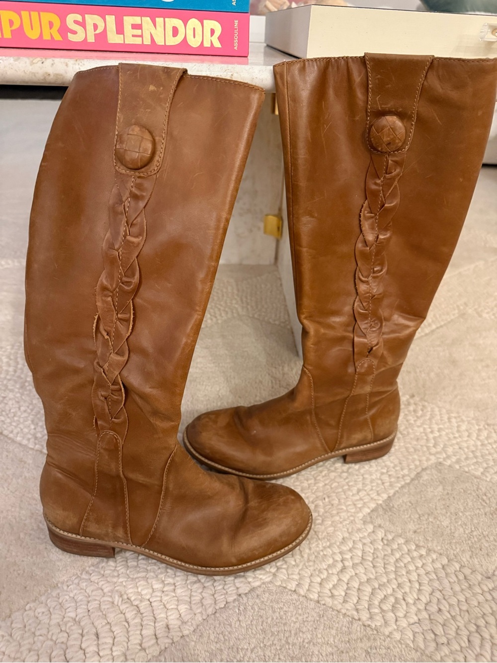 Anthropologie Women's Brown Leather Knee-High Braided Detail Boots